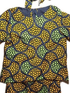African Wax Print Midi Matching Top and Skirt in Yellow & Green Dot Wave Print